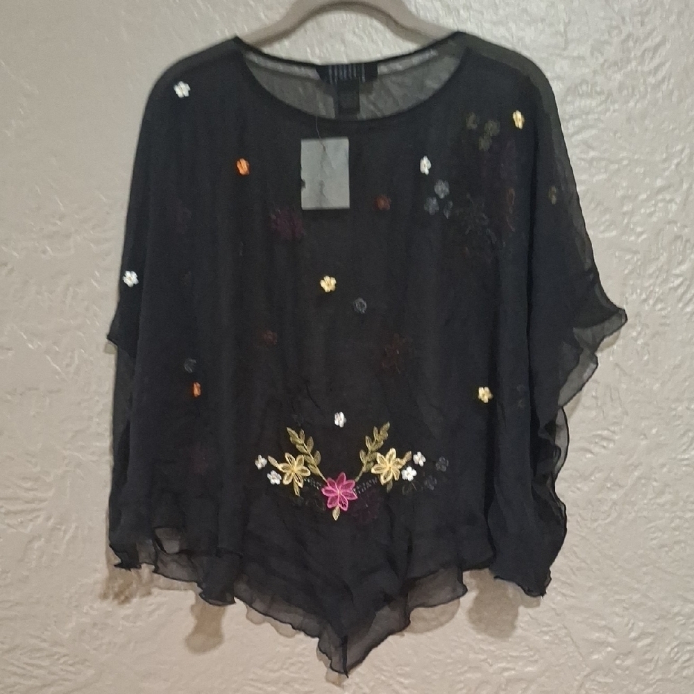 New.SilkLand Black Sheer Blouse with Multicolor Floral Embroidery Size M - Picture 7 of 12